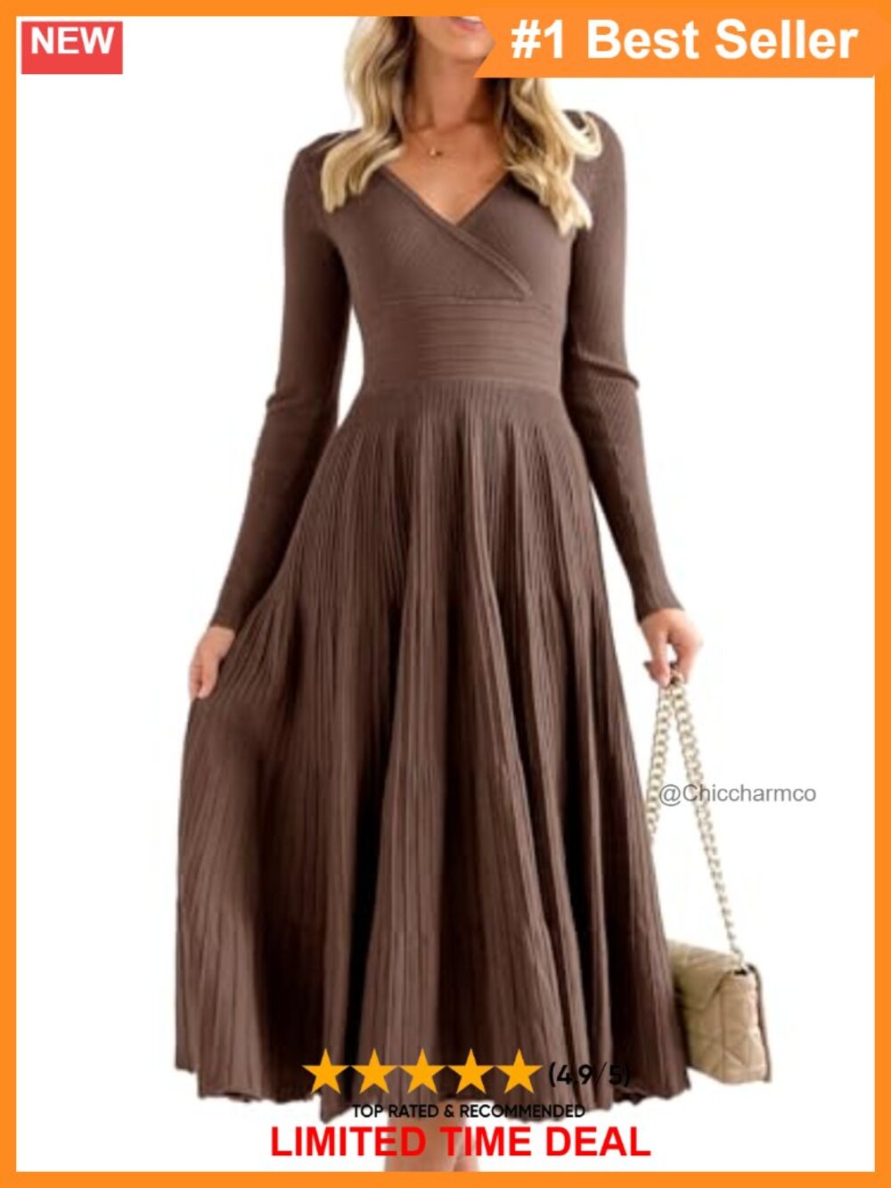Long Sleeve Midi Sweater Dress V Neck Pleated A Line Fit Flare Knit